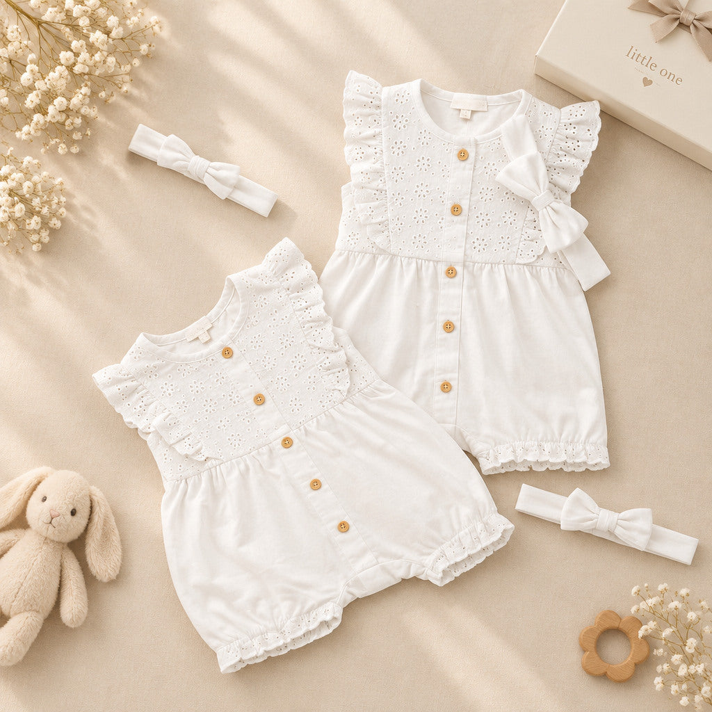 White 100% cotton baby girl lace romper with matching headband