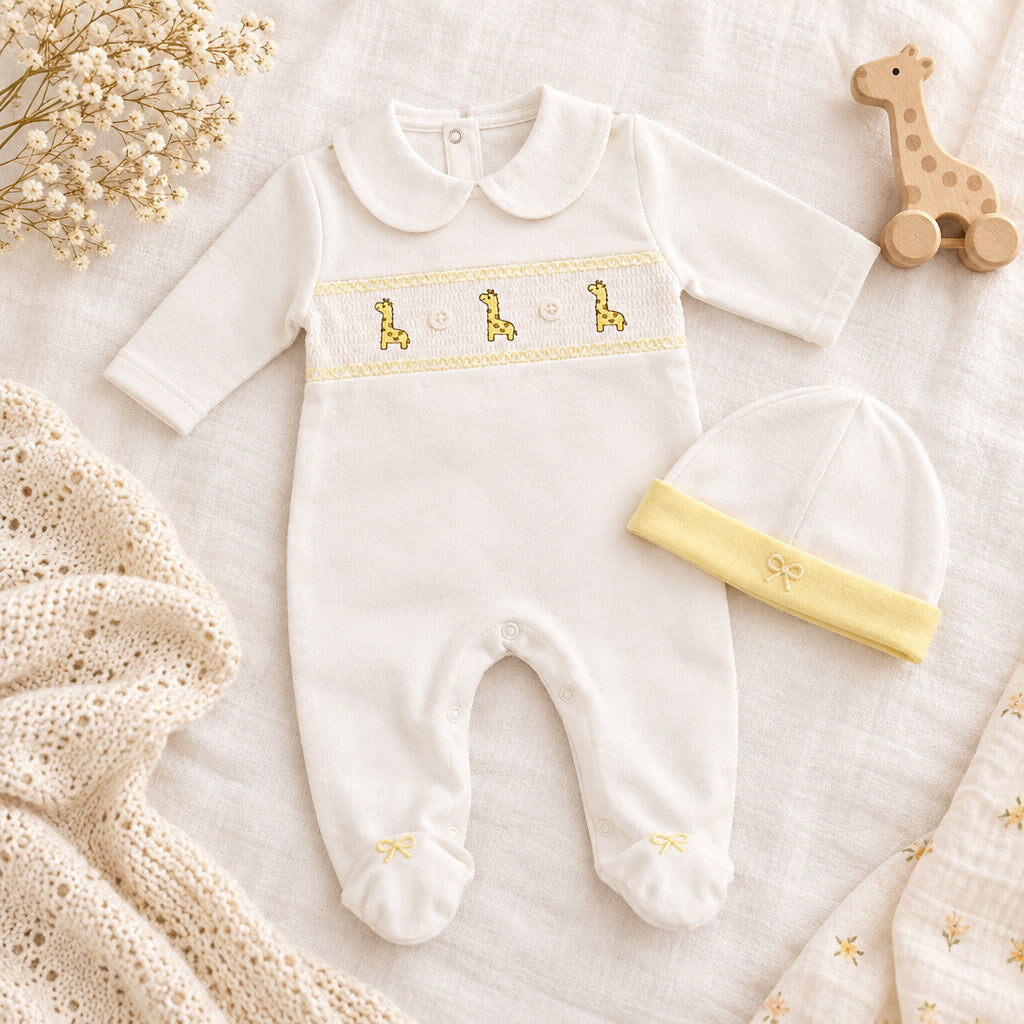White and lemon baby all-in-one with giraffe design, smocking and matching hat