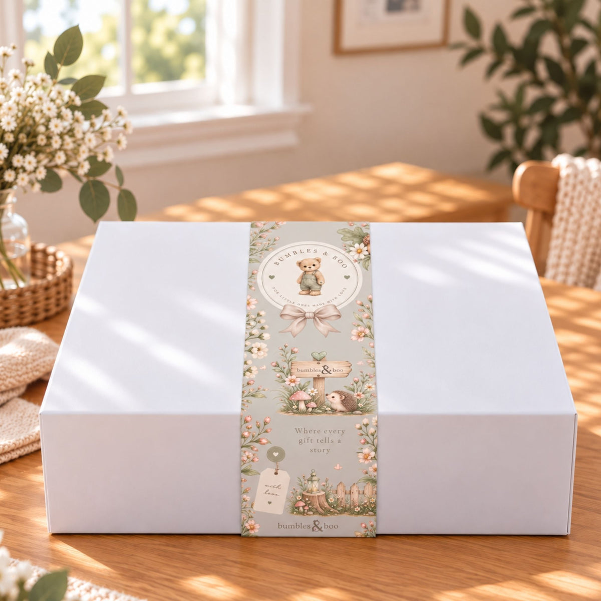 A white rectangular gift box with a decorative bumbles and boo belly wrap