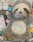 New baby gifts box hamper with sloth comforter blanket and organic towel.