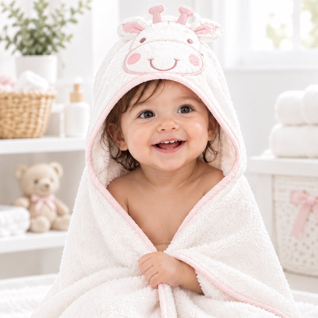 Baby wearing a white hooded towel with pink trim and a giraffe face, ears and horns on the hood