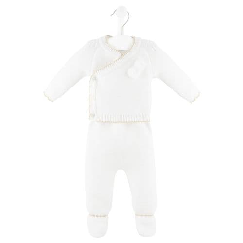 White knitted wrap cardigan and footed leggings displayed on a hanger against a plain background.