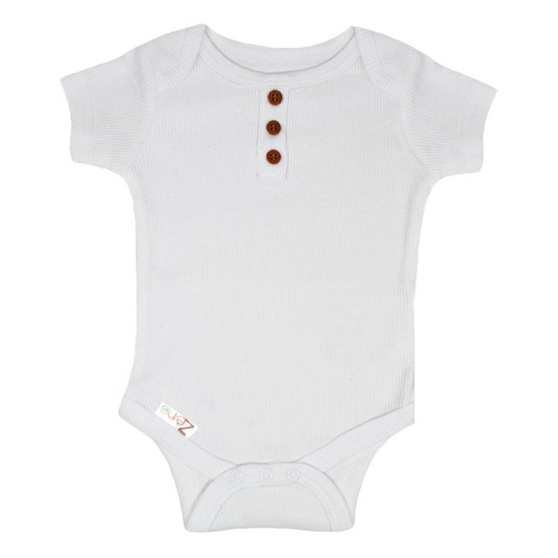 White ribbed bodysuit with brown buttons