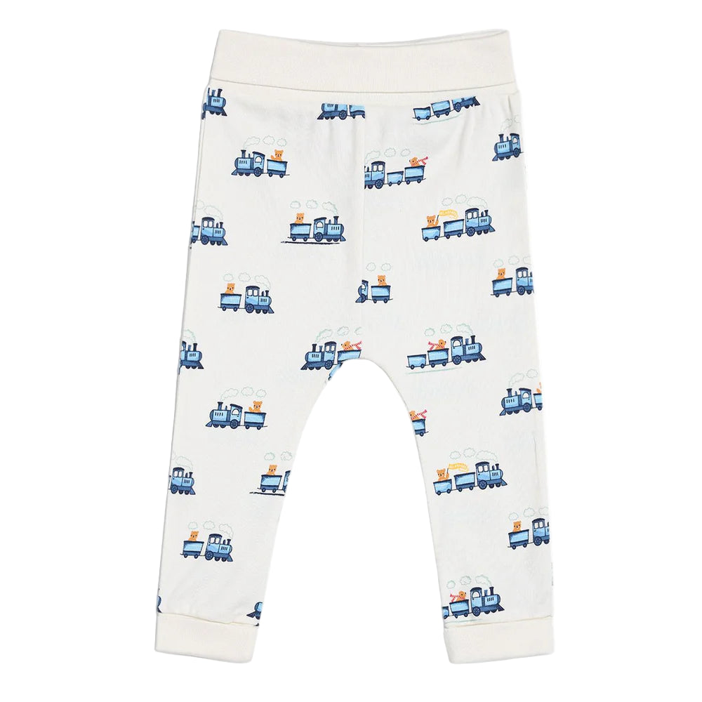 White baby joggers with blue trains and teddies