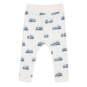 White baby joggers with blue trains and teddies
