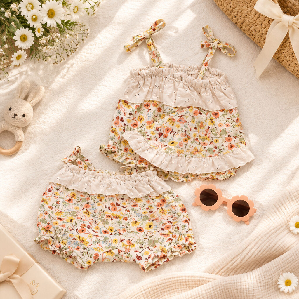 Multicolour baby girl wild flower romper set with matching sunglasses