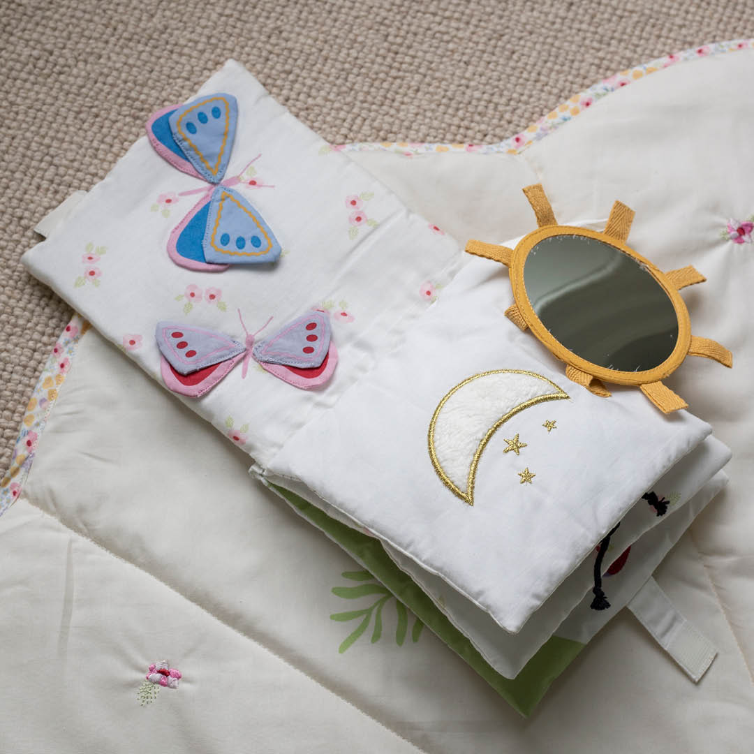 Wildflower Garden baby sensory book with buzzing bee rattle