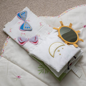 Wildflower Garden baby sensory book with buzzing bee rattle
