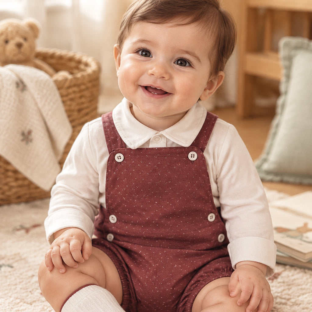 Wine and white baby boys short dungaree set