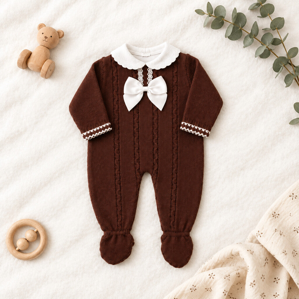 Wine knitted baby girl romper with lace and bow detail