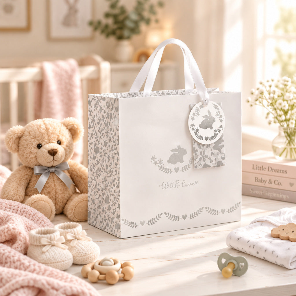 With Love bunny rabbit card gift bag with white ribbon handles and swing tag