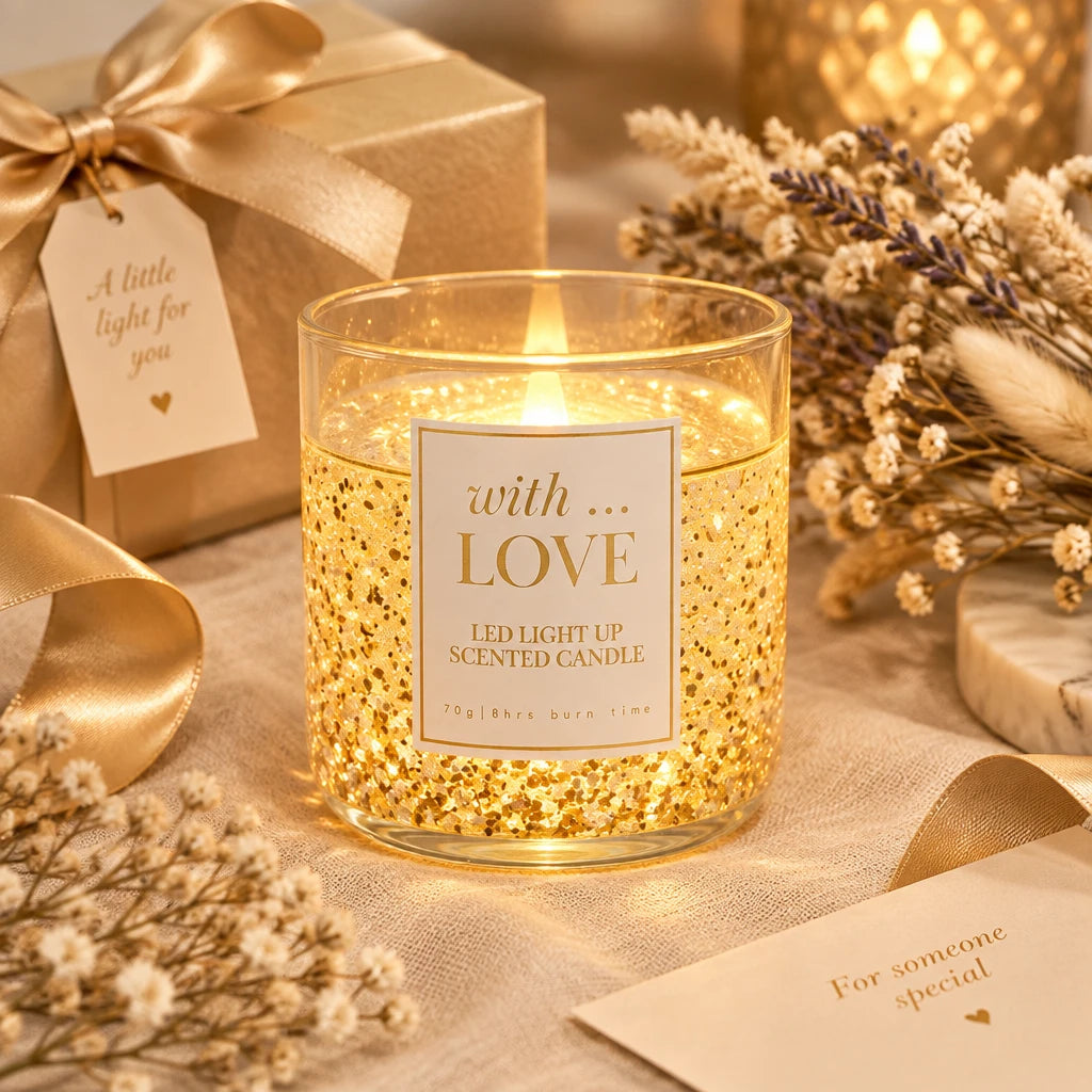 With Love LED light-up candle in a glitter-filled glass container, shown lit beside decorative gift props