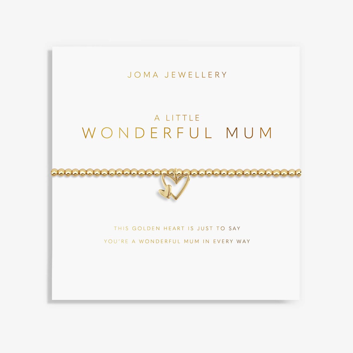 Joma Jewellery Wonderful Mum gold Bracelet presented on its sentiment card
