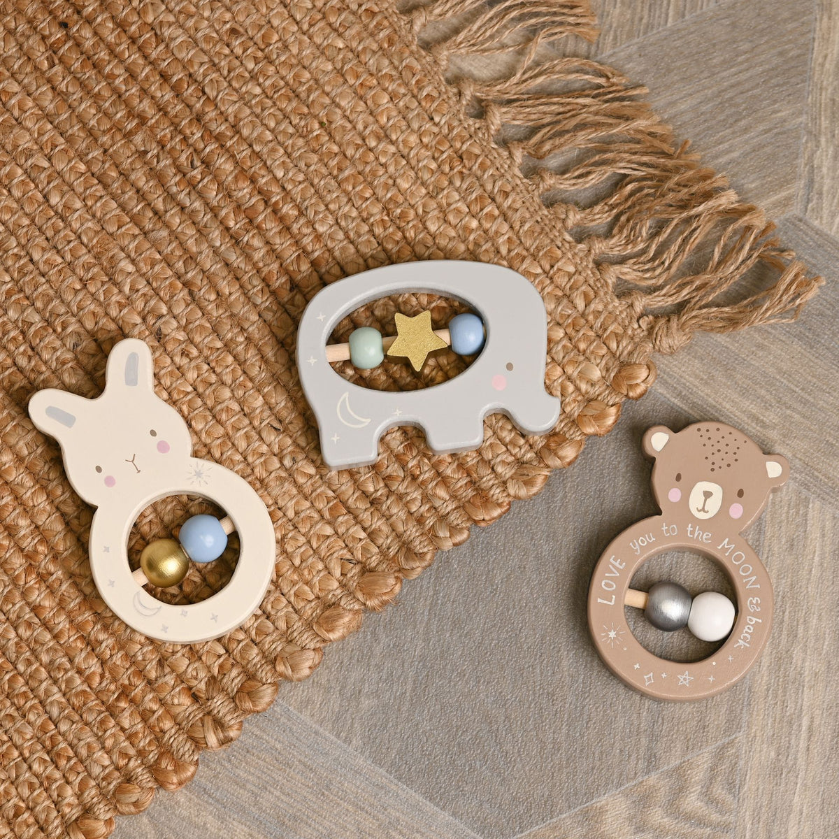 Wooden animal baby rattles