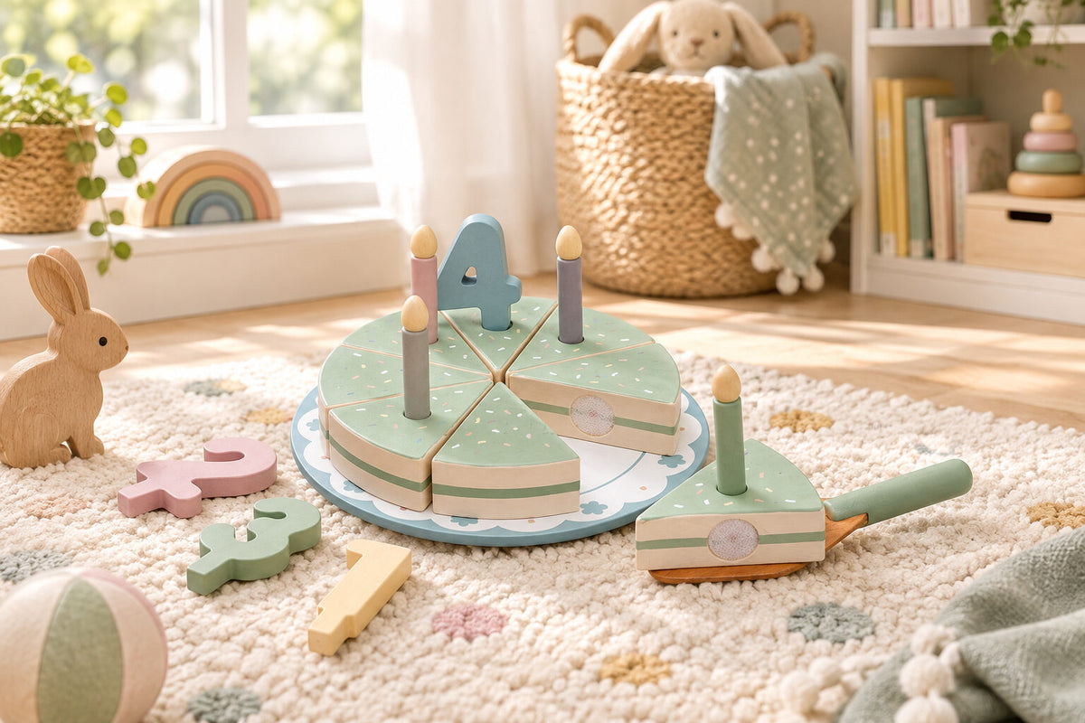 18 piece wooden birthday cake pretend play toy for ages 24 months and over