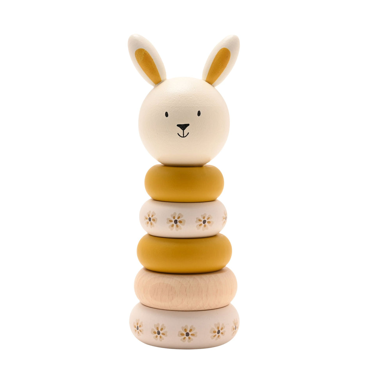 Front view of the assembled wooden bunny stacking toy with five rings and upright ears.