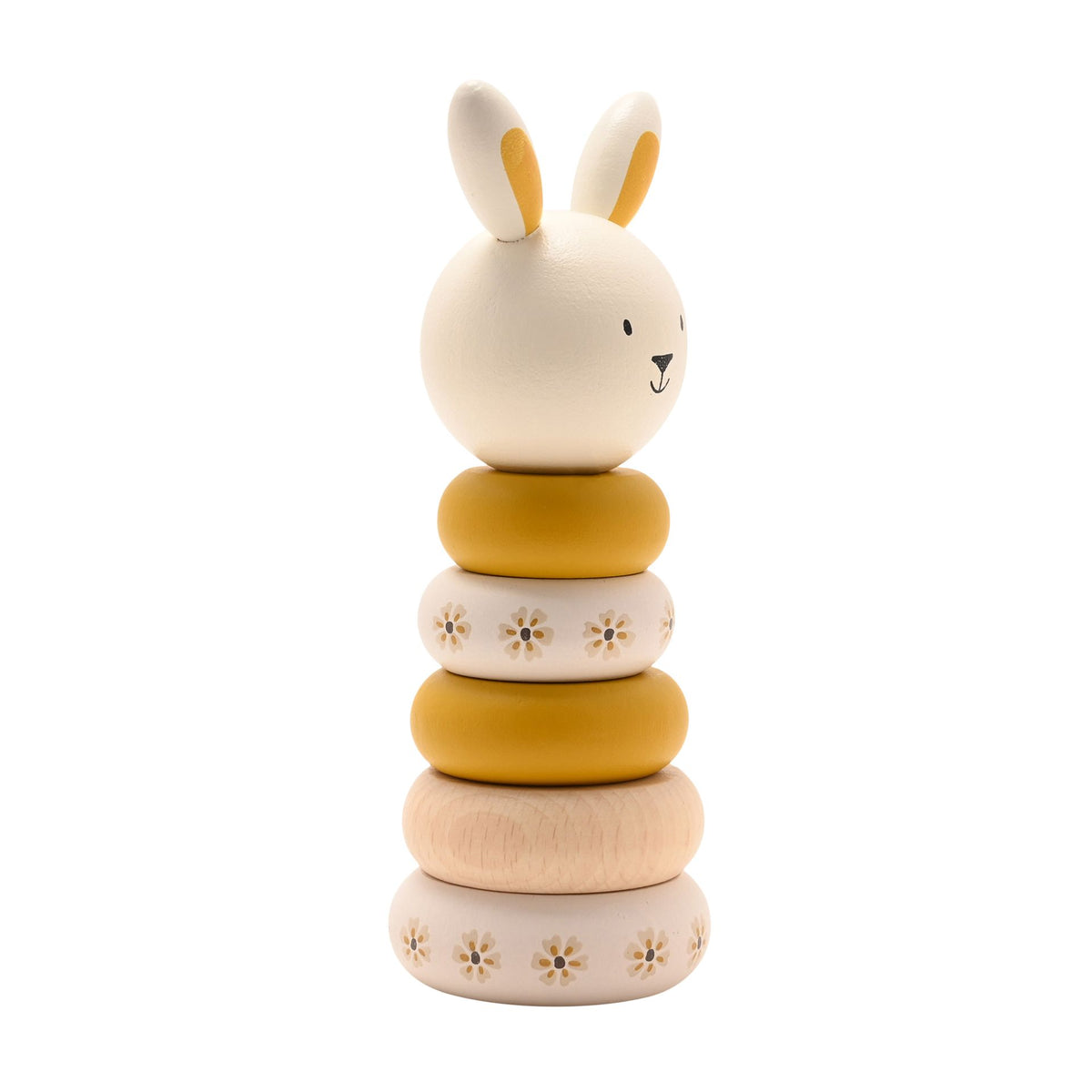 Side view of the wooden bunny stacker showing ochre, cream and natural wood rings.