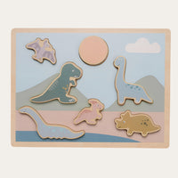 Shape matching wooden baby jigsaw puzzle with 7 dinosaur pieces. 
