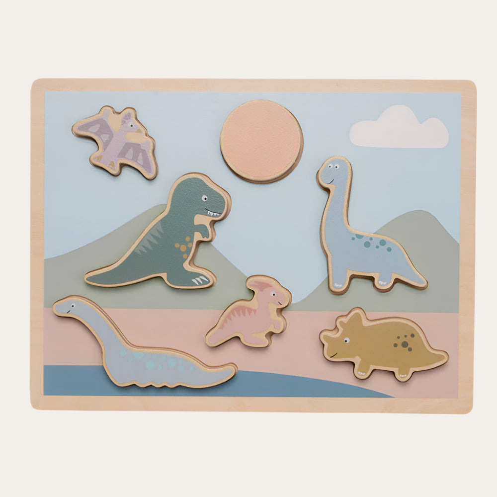 Shape matching wooden baby jigsaw puzzle with 7 dinosaur pieces. 