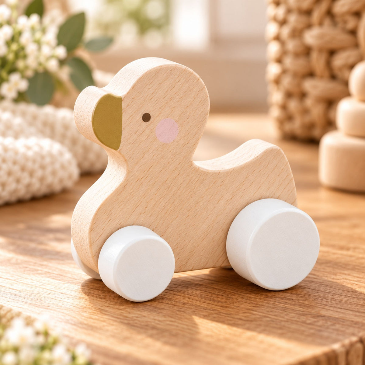 A wooden toy duck with white wheels