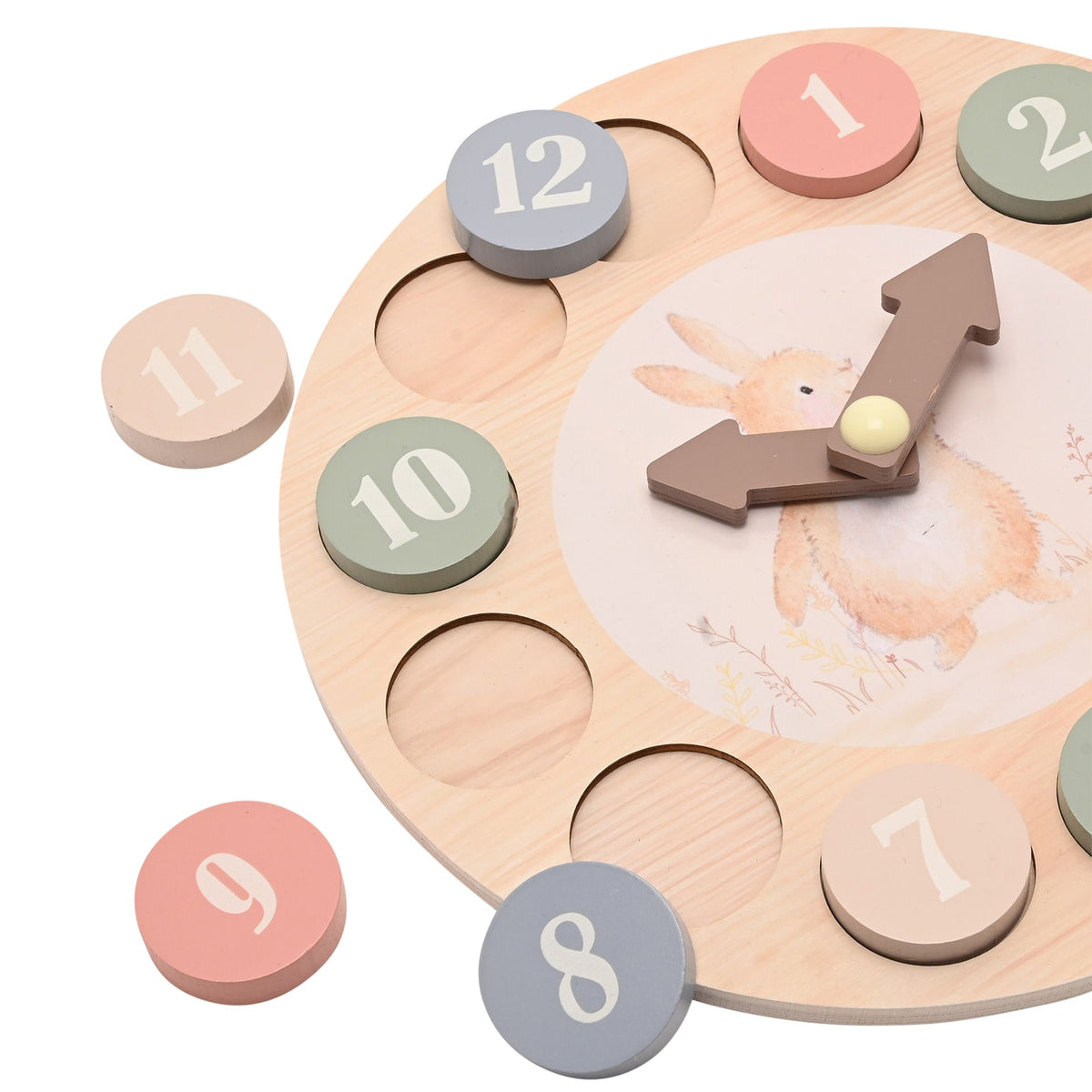 Angled wooden clock with several number discs removed and movable hands visible