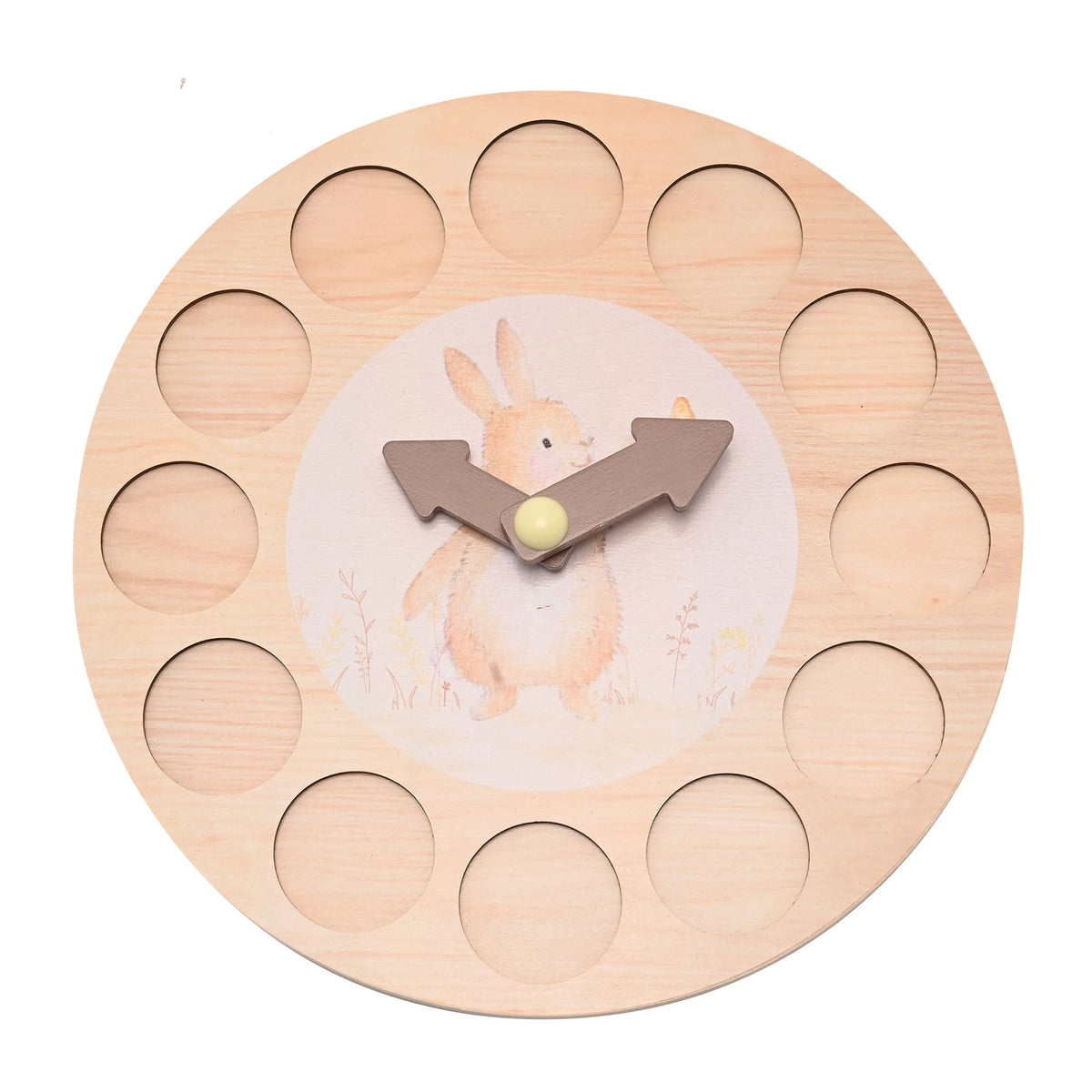 Wooden rabbit clock with all number discs removed showing twelve circular recesses