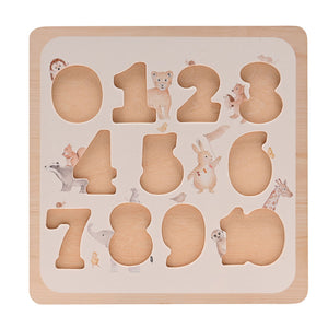 Number board with all pieces removed, showing recesses 0–10 and animal illustrations.