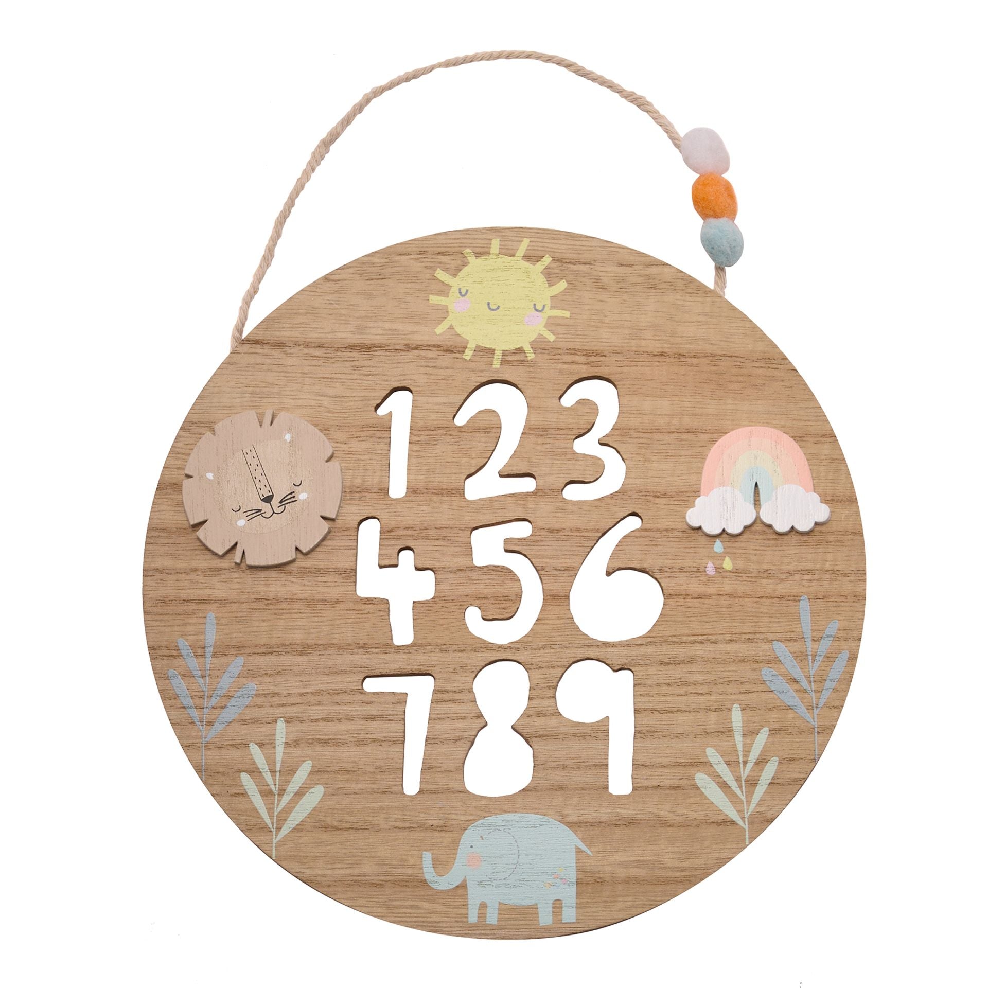  Wooden Plaque features a colourful die cut design and is designed for wall hanging using the attached pom pom rope hanger. 