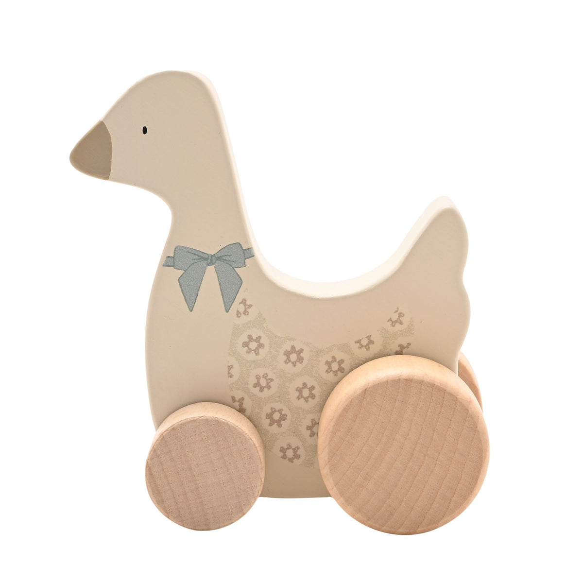 Side view of the wooden goose toy with floral decoration and differently sized natural wood wheels.