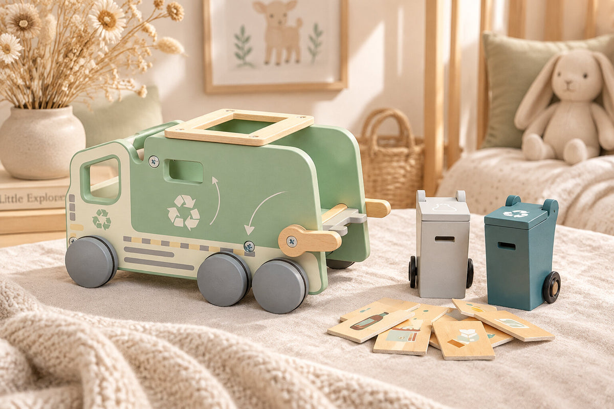 13 piece wooden recycling truck toy for children aged 3 years and over