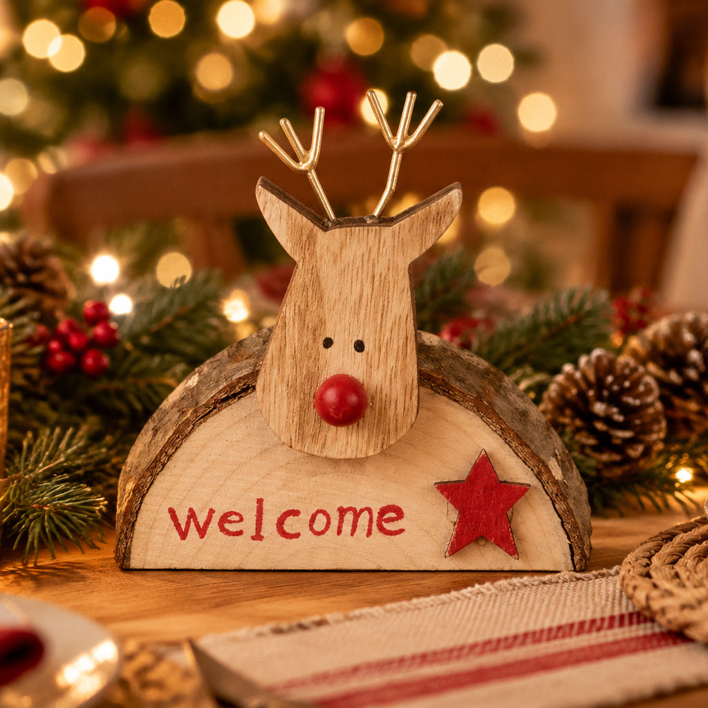 Wooden reindeer Christmas table decoration made from genuine bark