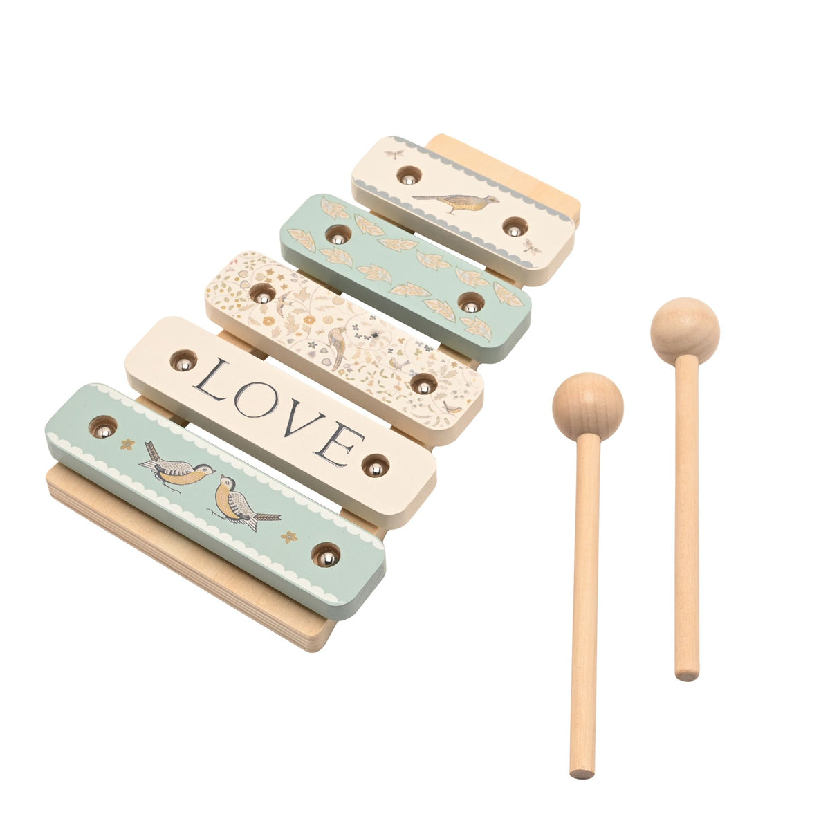 Angled wooden xylophone with LOVE lettering and two mallets placed beside it