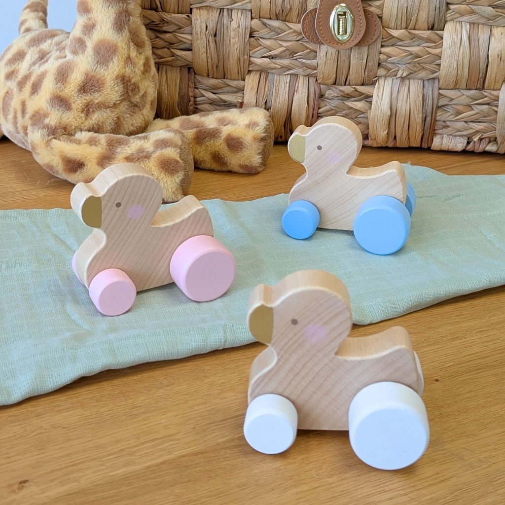 Push along duck wooden toys with wheels 