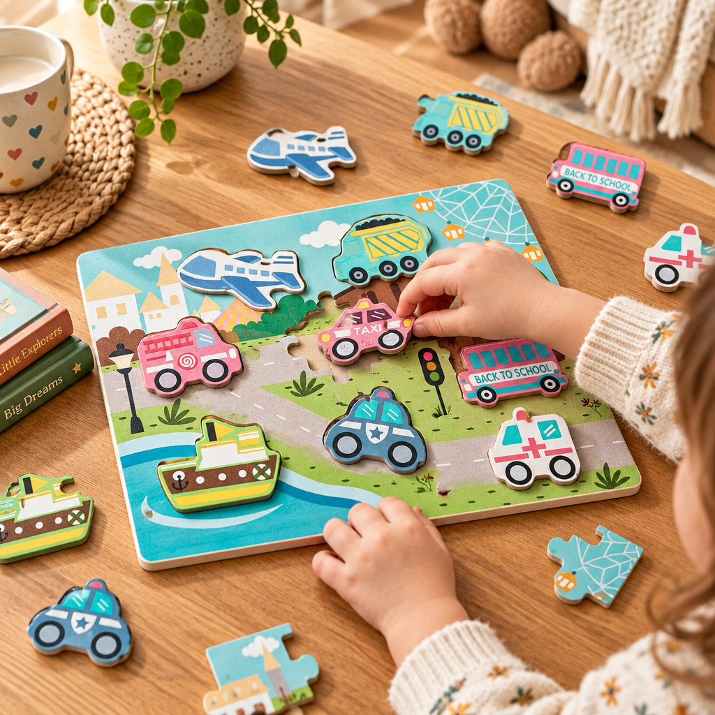 9 piece wooden traffic puzzle educational toy for toddlers aged 24 months and over