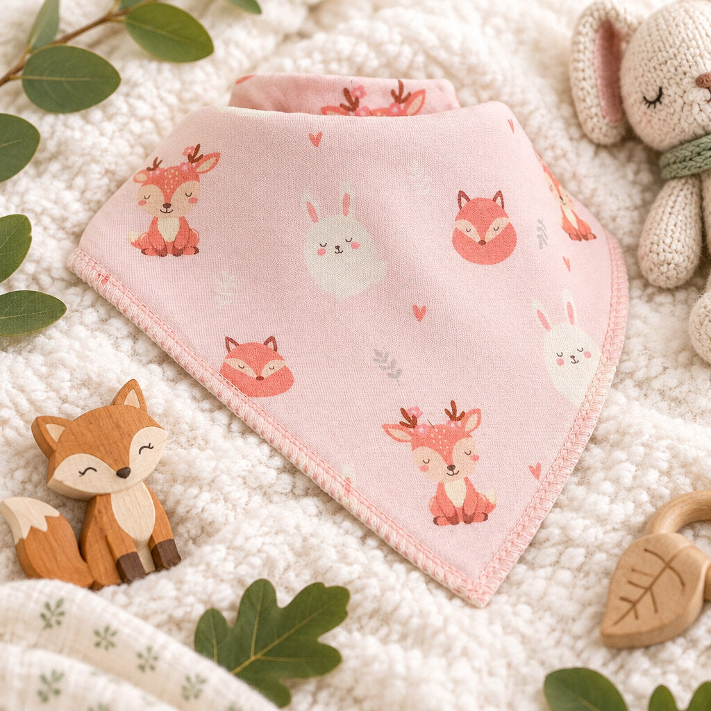 Woodland animals bandana dribble bib with cotton top, fleece backing and adjustable poppers