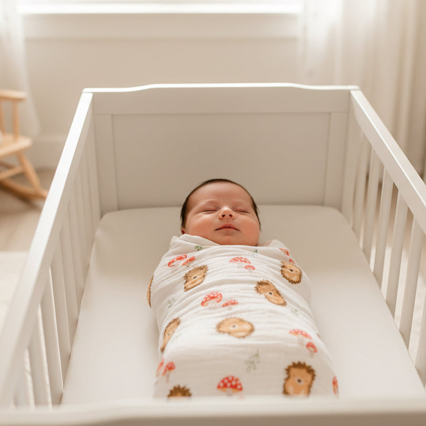 Bay swaddled in a swaddle with a  pattern of hedgehogs and mushrooms on a white background