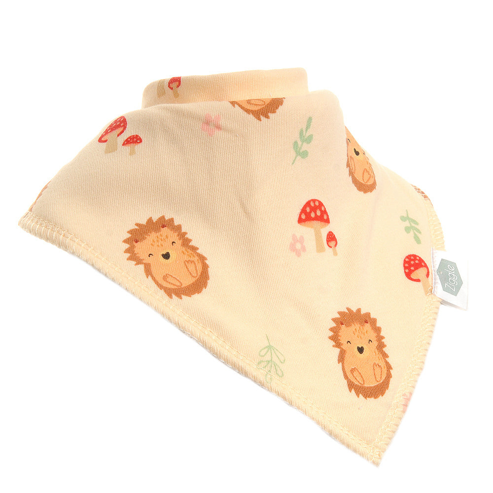 Woodland bandana bibs featuring hedgehog designs
