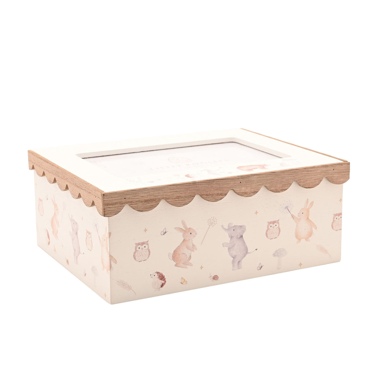 Woodland keepsake box viewed from the front-right, with rabbit and bear illustrations beneath the scalloped lid.