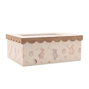 Front-left view of the wooden woodland photo box, showing illustrated panels on two sides.