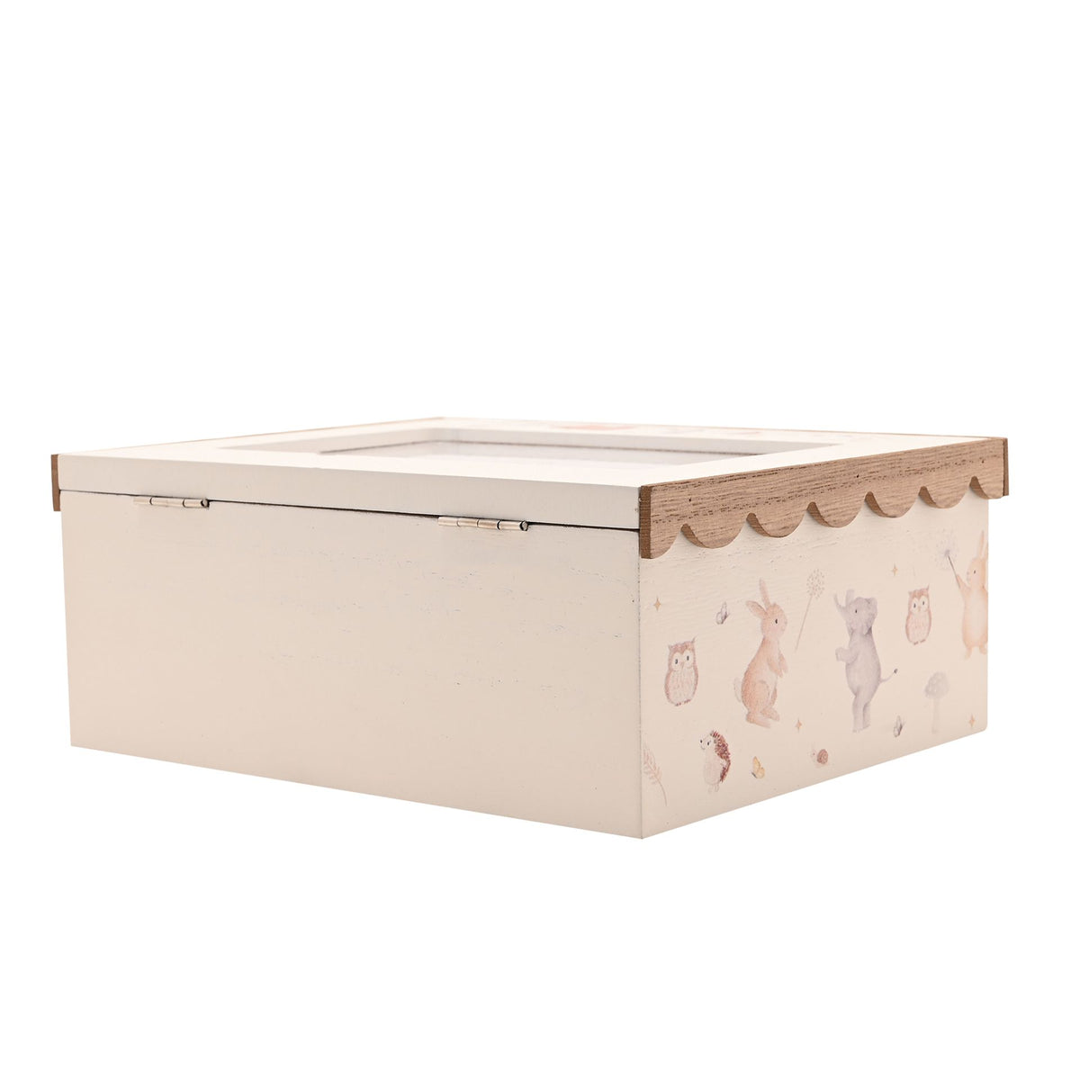 Rear view of the woodland photo keepsake box, showing its plain back panel, hinges and illustrated side.