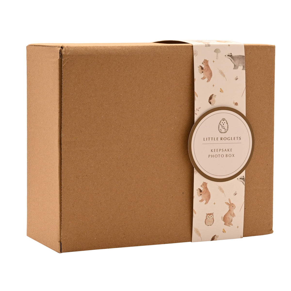 Brown cardboard packaging for the woodland keepsake photo box, with an illustrated animal sleeve.