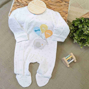 White baby sleepsuit which reads worth the wait and has an elephant.