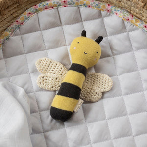 Yellow and black striped bee rattle toy for babies