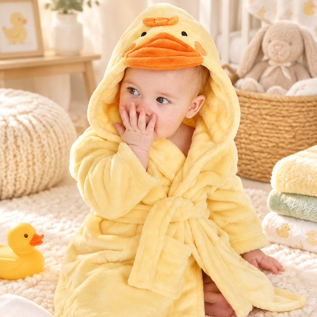 Baby wearing a yellow duck hooded dressing gown with orange beak and waist tie