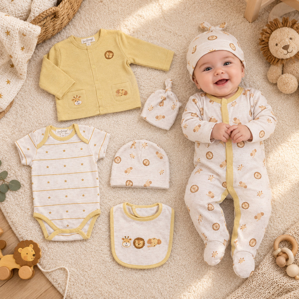 A 6-piece baby clothing set laid out on a white background, including a pale yellow long-sleeve cardigan, a cream short-sleeve bodysuit with gold stripes, a cream footed sleeper with gold lion prints, a cream bonnet, a cream bib, and a matching bib. A watermark for 'Sheldon International' is visible.