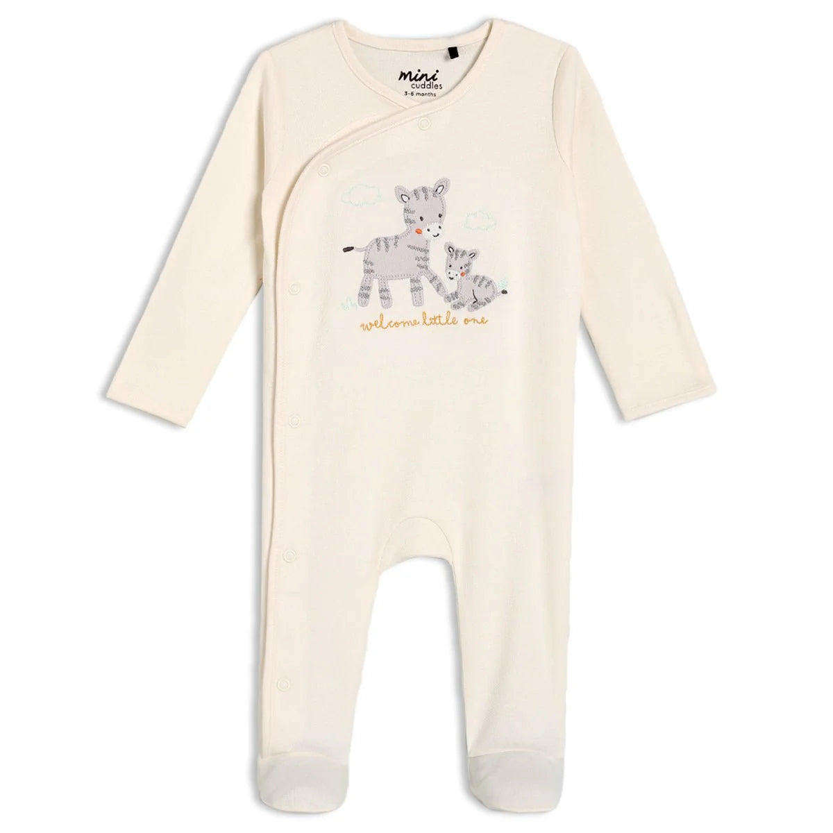 Unisex baby zebra embroidered sleepsuit laid flat in cream cotton