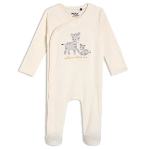 Unisex baby zebra embroidered sleepsuit laid flat in cream cotton