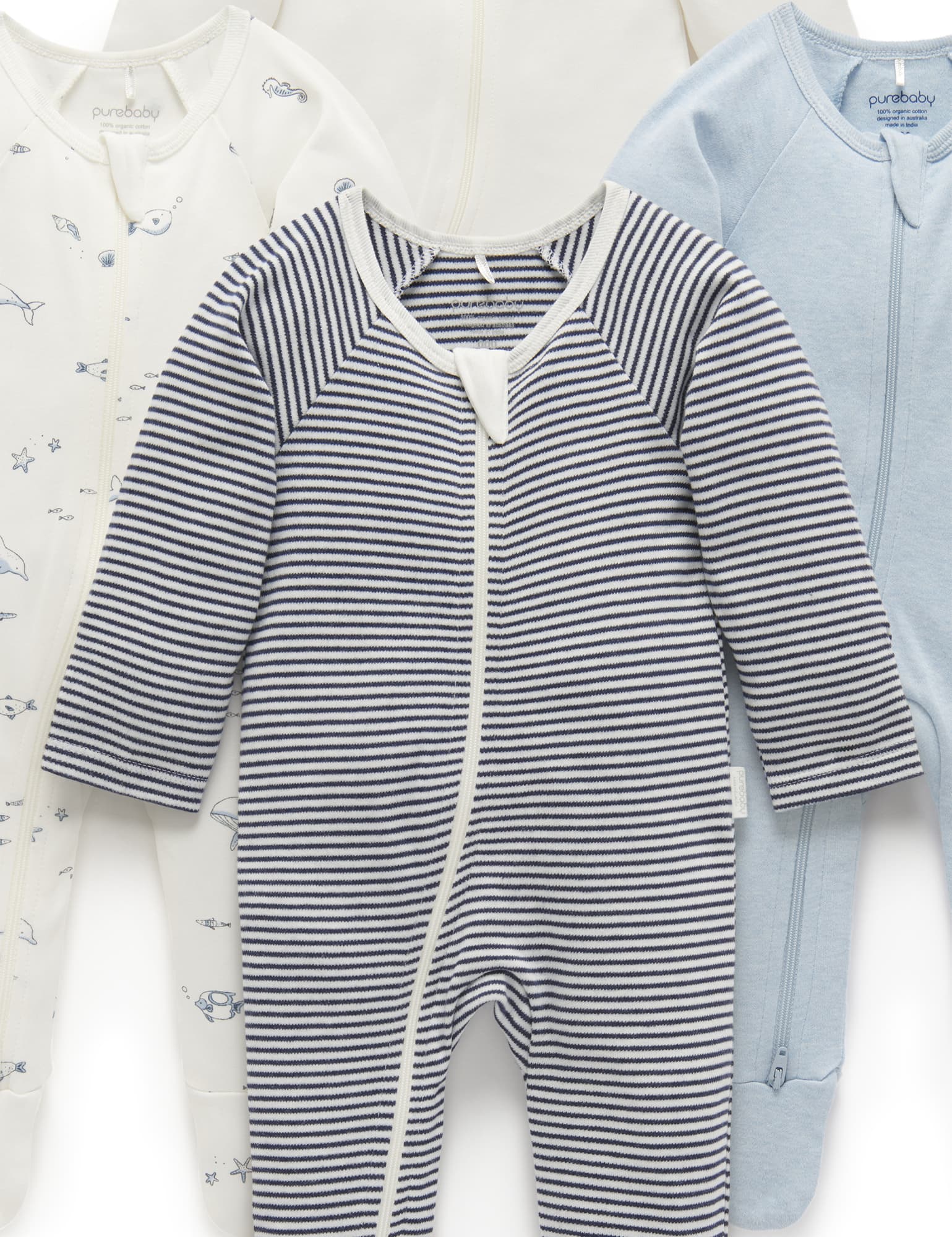 Four soft zip baby growsuits for newborns