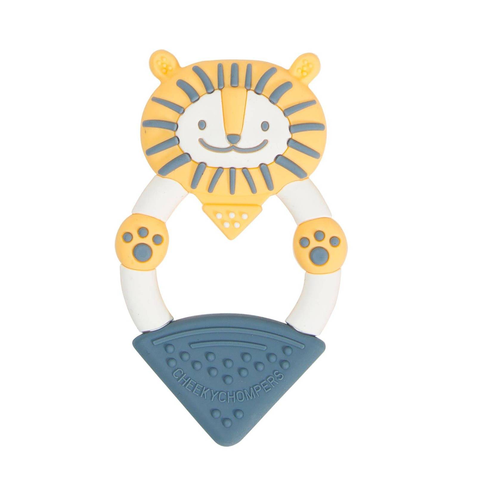 Baby teether in yellow and blue lion design .