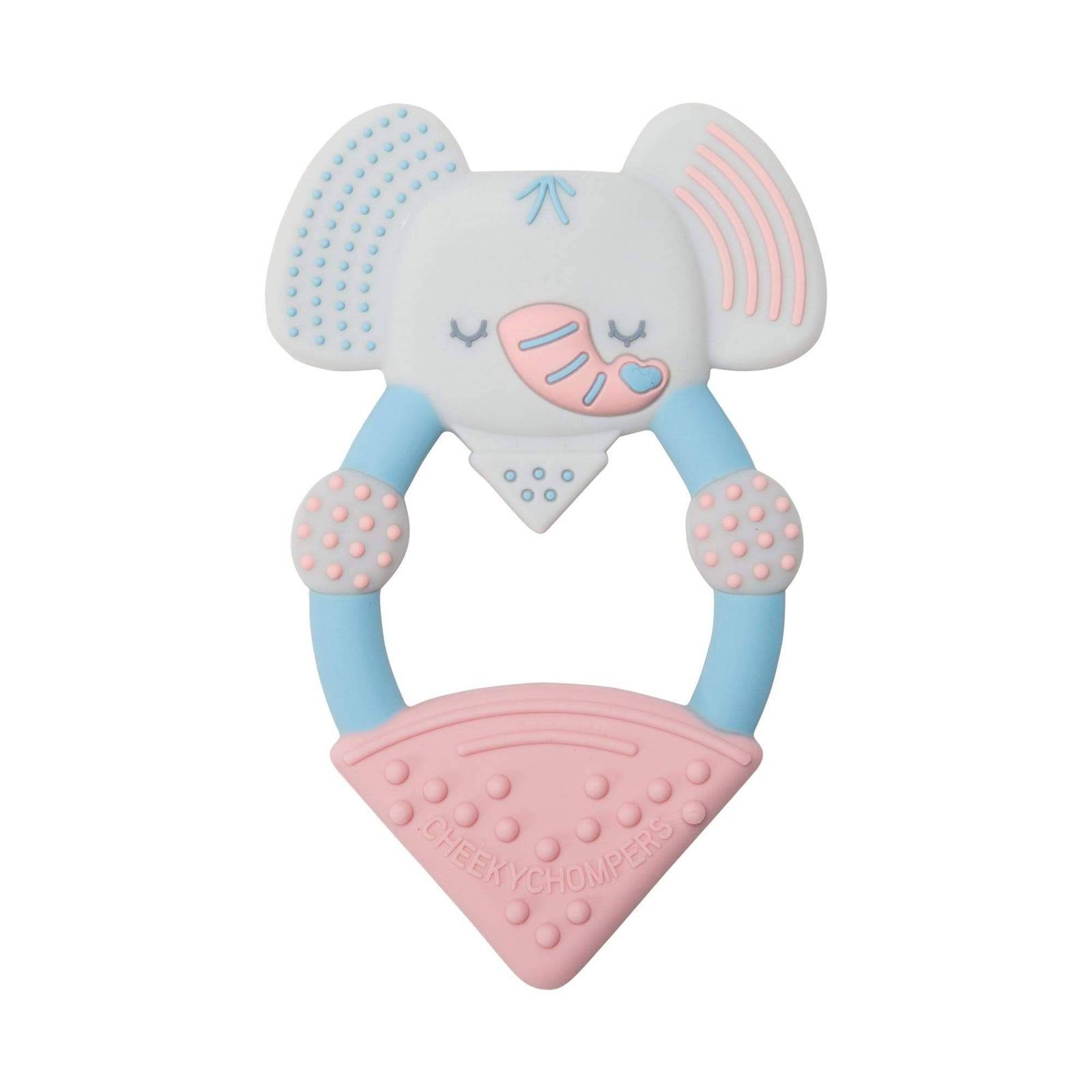 Baby teether in pink, grey and blue elephant design.